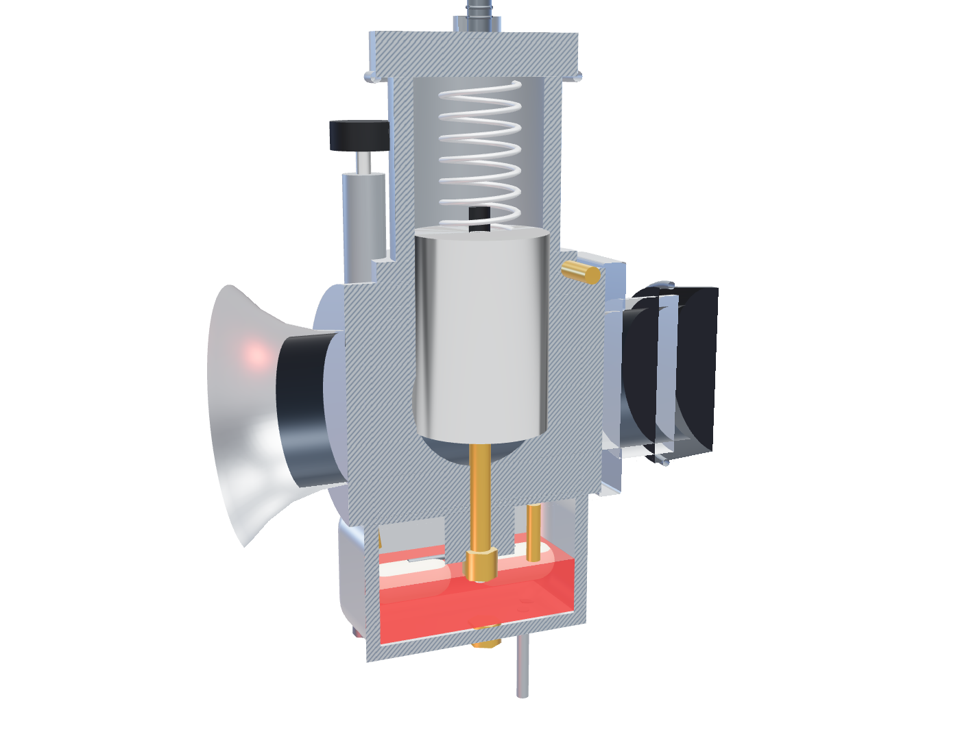 3D cutaway of a round-slide carburetor: throttle slide and return spring in the mixing chamber, jet needle, needle jet, main and pilot jets, and the float bowl with fuel